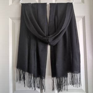 Black silky smooth soft semi sheer lightweight cashmere wrap scarf with fringe